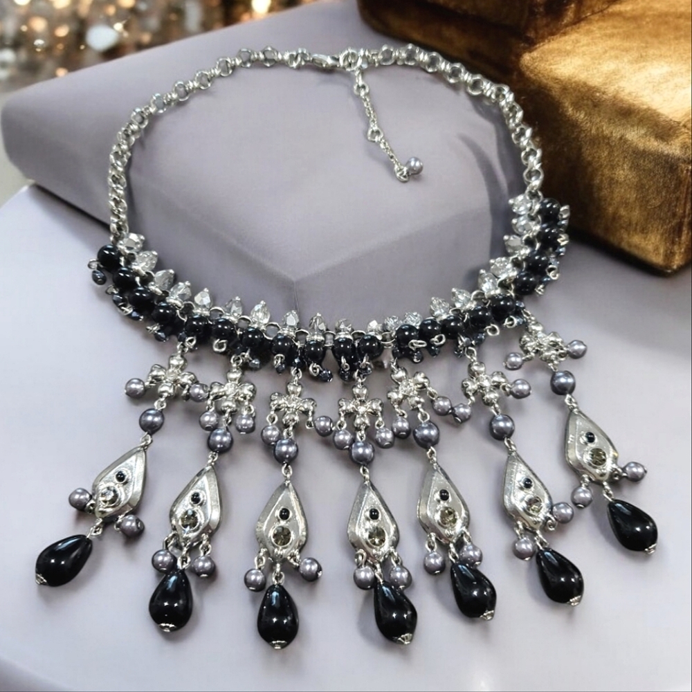 GERARD YOSCA Vintage Massive Cross Pearl Onyx Statement Necklace - Picture 2 of 5
